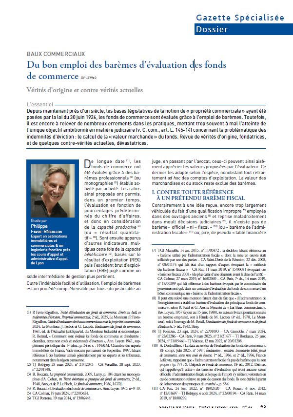 DU BON EMPLOI DES BAREMES EVALUATION DES FONDS DE COMMERCE GAZETTE PALAIS FAVRE-REGUILLON