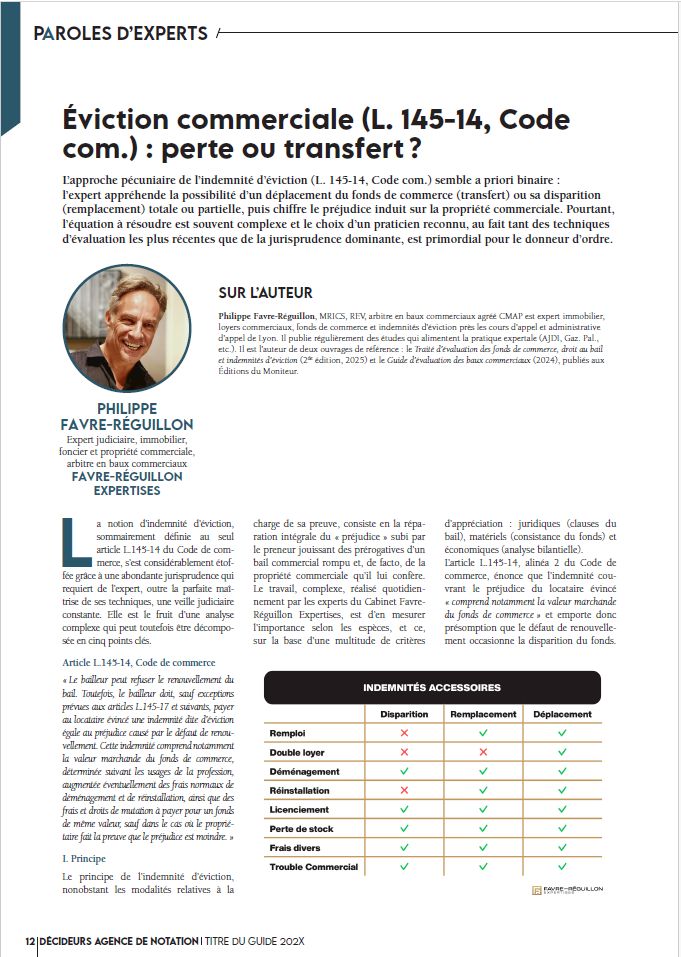 EVICTION COMMERCIALE (L. 145-14, CODE COM.) PERTE OU TRANSFERT PHILIPPE FAVRE REGUILLON DECIDEURS MAGAZINE 2025